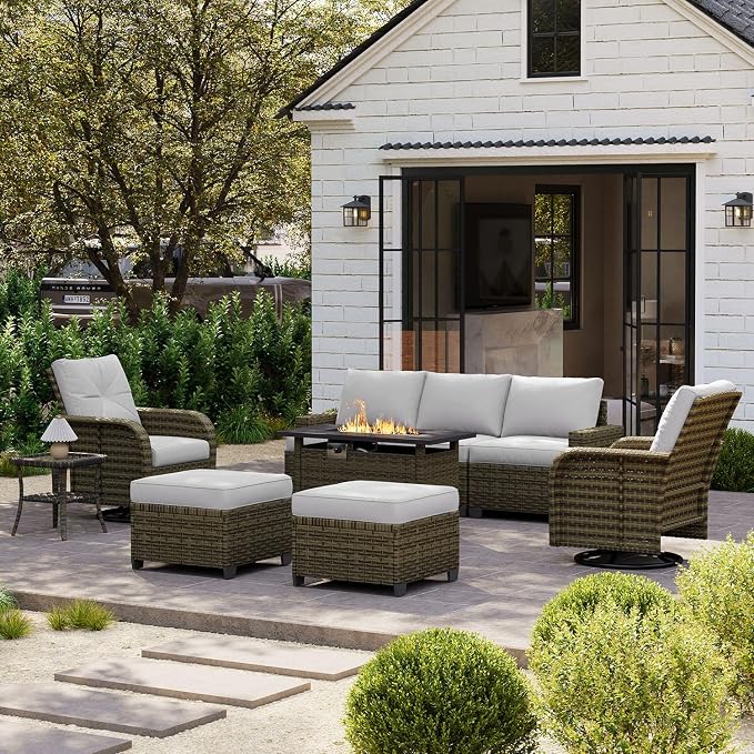 LET'S PATIO Luxury Patio Furniture Set with Fire Pit Table，9 Piece Outdoor Furniture Sectional Set with Swivel Rocker Chairs of 2，All-Weather Patio Sectional Sofas with Thickened Cushions, Grey
