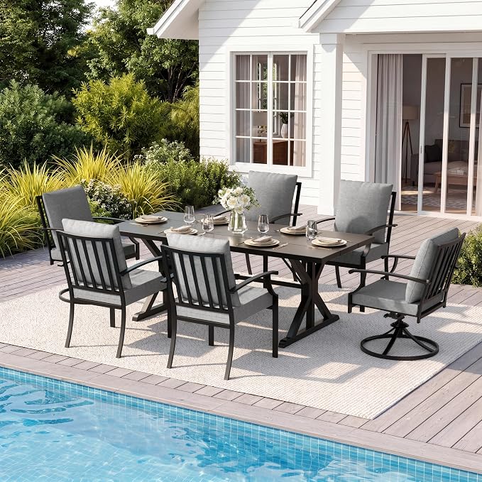 7 Pieces Patio Dining Set Outdoor Conversation Set,Metal Outdoor Furniture Set with Umbrella Hole Cut-Out 78.7" x 35.4" Table and 8 Metal Chairs for Backyard,Garden,Grey