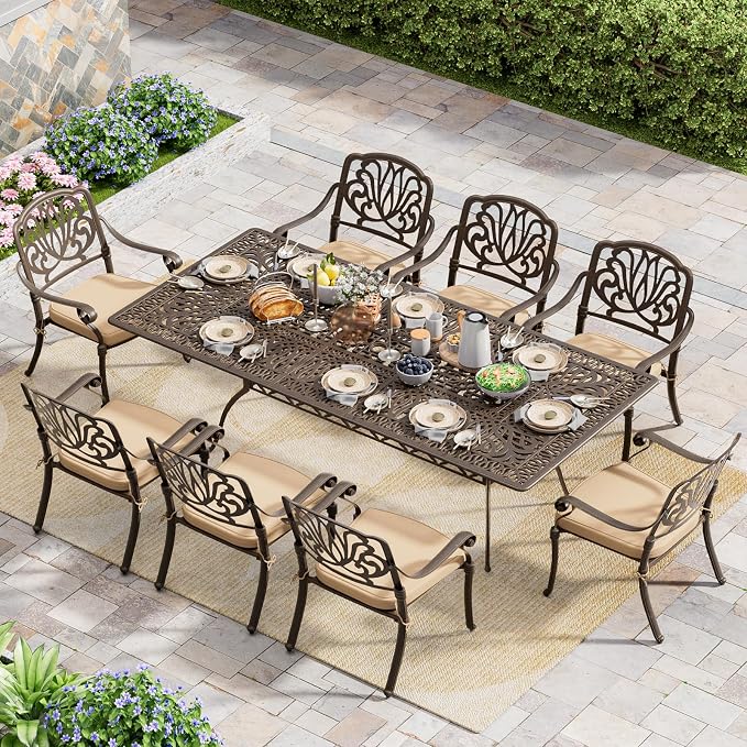 Grepatio 9 Piece Cast Aluminum Outdoor Dining Set, Patio Furniture Set with 2“ Umbrella Hole and 8 Chairs with Cushions, Patio Dining Furniture Set for Porch Poolside Garden (Khaki)