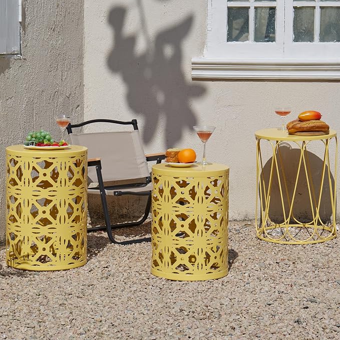Y&M Outdoor Side Tables Set of 3, Metal Nesting Patio Side Tables for Outside, Decorative Garden Stool Plant Stand for Patio Garden Balcony Porch-Yellow