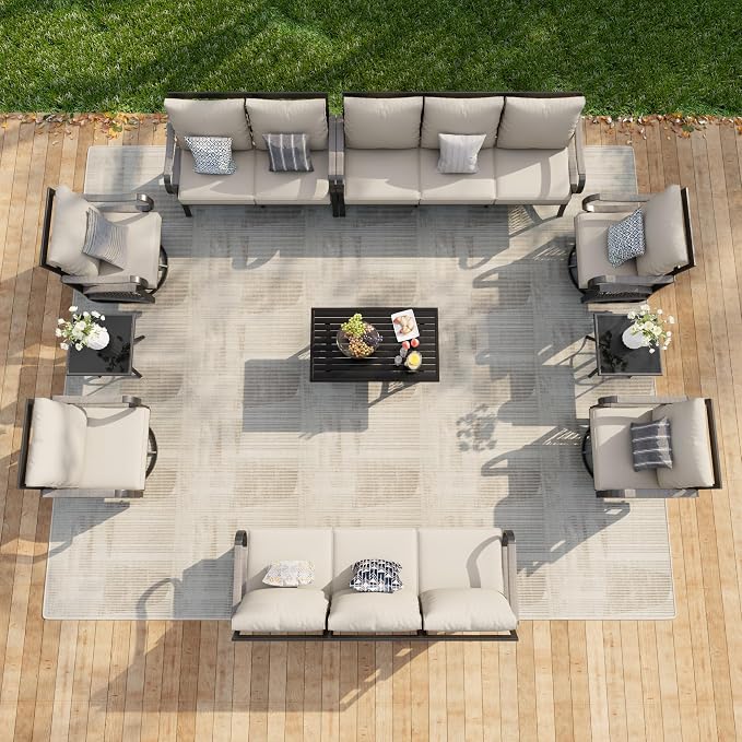 10-Piece Outdoor Patio Conversation Sets, Rope Outdoor Furniture Set Metal 2 Three-Seater Couch, 4 Swivel Rockers with 2 Side Tables, Loveseat Sofa with Coffee Table for Backyard Porch Poolside, Beige