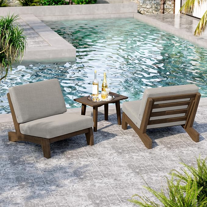 7 Pieces All Weather Wood Patio Furniture Sets, 2 Patio Loveseat, 4 Patio Bistro Chair, Outdoor Sectional Sofa Furniture Backyard Conversation Set with Coffee Table - Light Camel