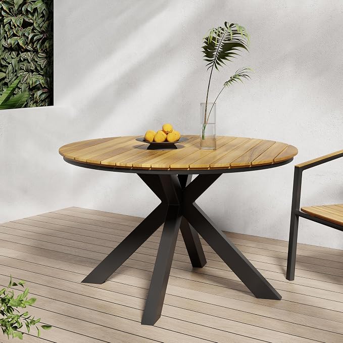 Merax 45" Round Outdoor Patio Dining Table Teak Acacia Wood Tabletop and Black Metal Leg, Modern Industrial Style Patio Dining Table