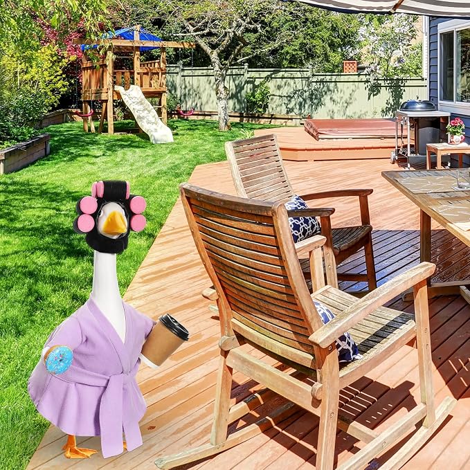 Shyyween 23 Inch Porch Goose Summer Outfit Light Purple Goose Bathrobe Statue Clothes Coffee Cup Curlers for Cement Plastic Lawn Geese Outdoor Garden Yard Patio Decoration