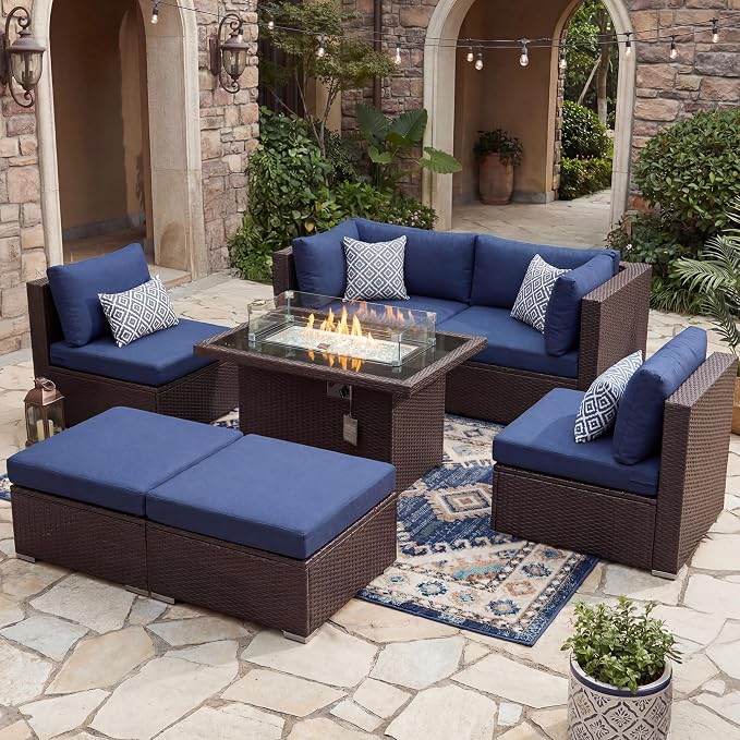 BULEXYARD 7 Pcs High Back Patio Furniture Set with Fire Pit Table Propane/Natural Gas Dual Fuel, Durable Outdoor Sectional Couch, Cozy Backyard Seating for Exterior, Brown Wicker & Navy Blue Cushion