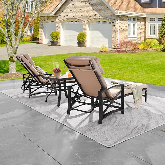 LOKATSE Home 3 Piece Outdoor Patio Chaise Chair Lounge Arm Chair with Adjustable Back and Blue Removable Cushion with Bistro Coffee Side Table for Reclining Chairs