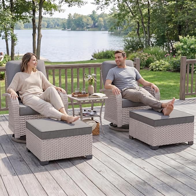 5-Piece Patio Furniture Set, Outdoor Swivel Rocking Chairs Set with Ottomans,All Weather Conversation Set for Porch Poolside Balcony,Gray