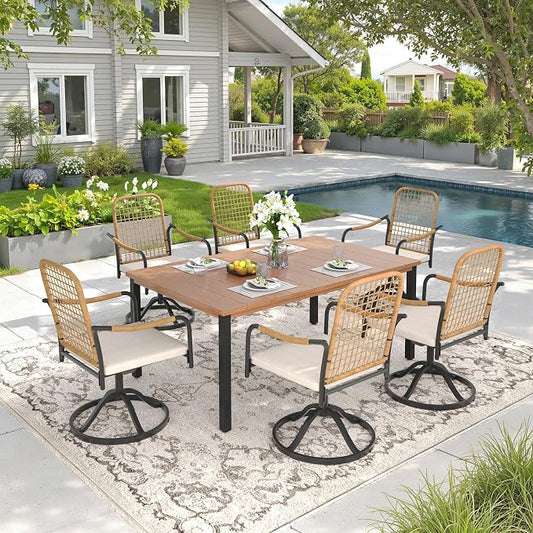 DIFY 7 Pieces Outdoor Dining Set, Metal Patio Table and Chairs Set for 6, 63" Rectangle Dining Table with Umbrella Hole & Wicker Swivel Patio Chairs with Cushions, Walnut Tabletop