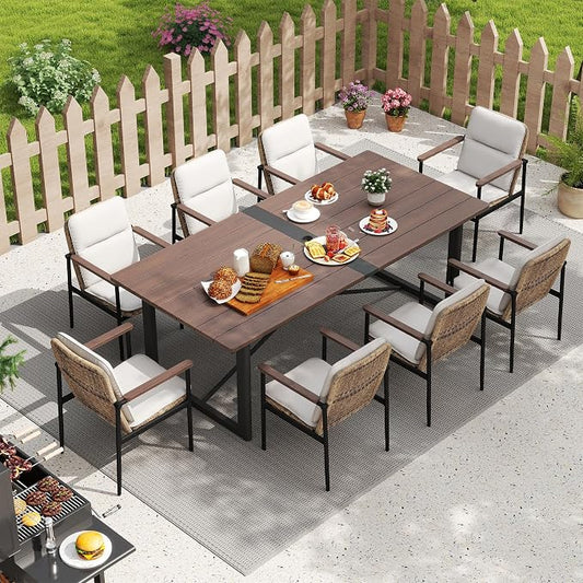 HAPPATIO 9 Piece Patio Dining Set Outdoor, 8 Wicker Chairs with Aluminum Frame and Olefin Cushions, Large Wooden Dining Table with Umbrella Hole,Patio Table and Chairs for Backyard Garden Porch