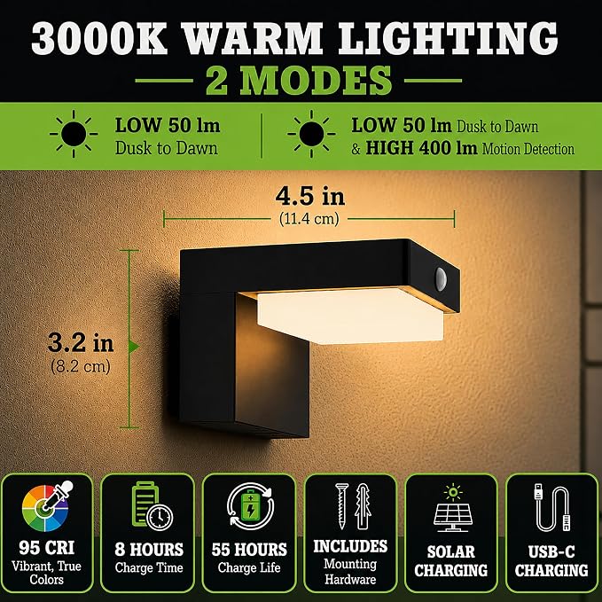 Solar Powered Wall Lamps, 55 Hour Life, Motion Sensor, 2 Modes, 2pk