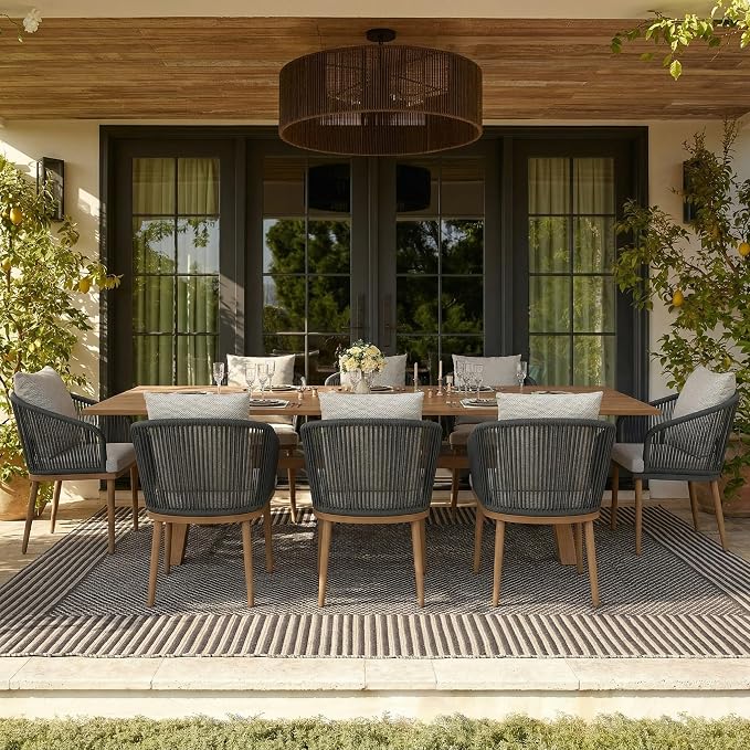 5-Piece Patio Dining Table Sets, Woven Wicker Dining Set with Rectangular Aluminum Table and Dining Chairs Modern Outdoor Dining Furniture Set for Outdoors and Indoors