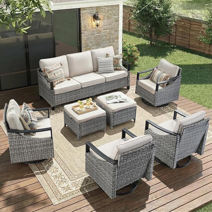 7 Piece Outdoor Patio Furniture Sets-High Back Wicker Swivel Rocker Patio Chairs Set of 4 with Thick Cushions Ottomans, Outdoor Sofa, Patio Conversation Sets for Porch Balcony Patio Deck Grey/Beige