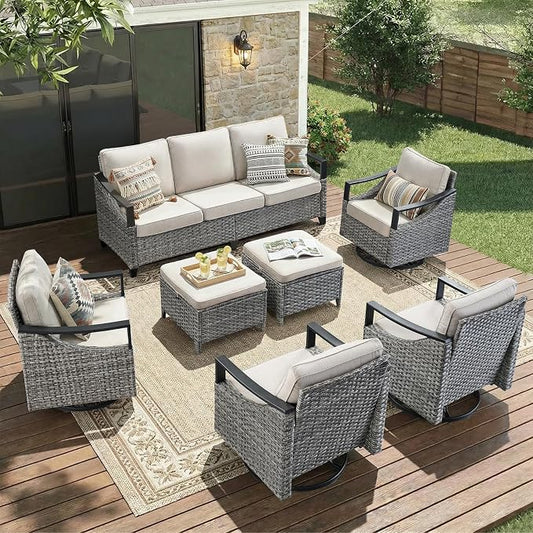 7 Piece Outdoor Patio Furniture Sets-High Back Wicker Swivel Rocker Patio Chairs Set of 4 with Thick Cushions Ottomans, Outdoor Sofa, Patio Conversation Sets for Porch Balcony Patio Deck Grey/Beige