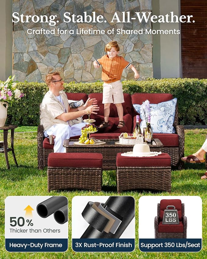 HILLGA 6-Piece Luxury Patio Furniture Set with 6" Thick Cushions, Weather-Resistant Wicker High Back Swivel Rocker Chairs, Senior-Friendly Outdoor Loveseat Set for Deck and Poolside, Burgundy(V2)
