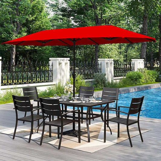 PHI VILLA 7 Pcs Outdoor Dining Set w/Umbrella(Red)&60" Rectangular Table | Metal Table & Stacking Wrought Iron Chairs&13ft Red Umbrella,Outside Large Furniture for Patio,Deck,Porch,Backyard