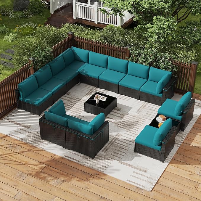 KIGOTY Patio Furniture Set,14 Pieces Modular Outdoor Sectional Sofa, PE Rattan Patio Conversation Set, All Weather Wicker Patio Furniture with Cushions and Coffee Table（Black/Blue）