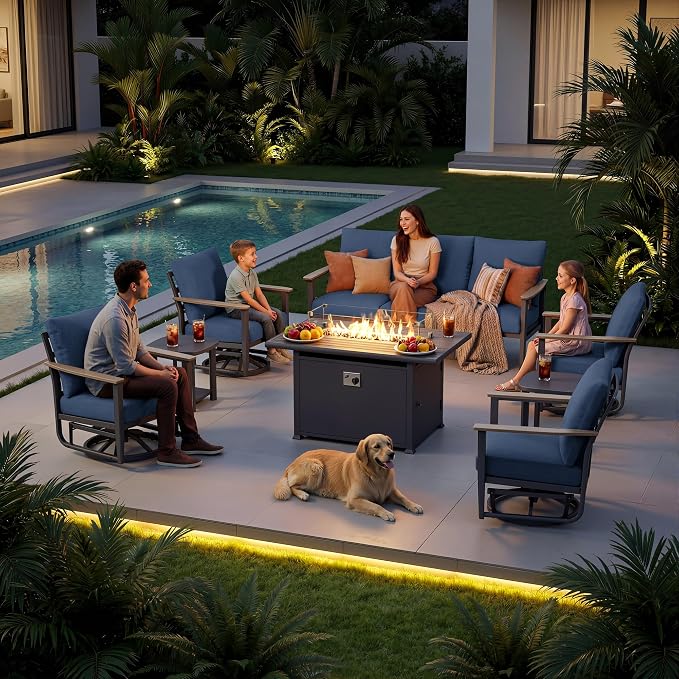 Aluminum Outdoor Patio Furniture Set with Swivel Rocking Chairs 7-Seat, Patio Sectional Sofa Patio Conversation Set with 55,000 BTU Fire Pit Table & High Backrest, Navy Blue