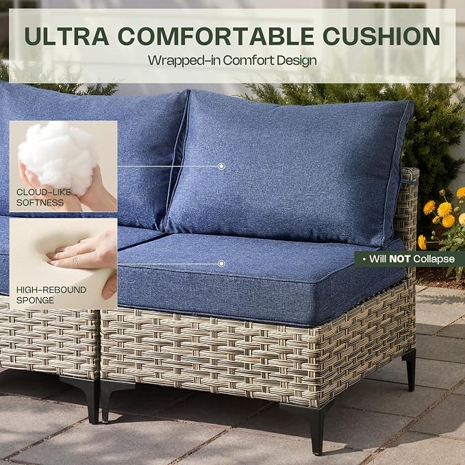 10 Pieces Patio Furniture Set, Outdoor Conversation Set with 360° Swivel Rocker Chairs, Wicker Sectional Sofa Solar Coffee Table, High Back Outdoor Furniture L Shaped Couch for Porch Deck, Denim Blue