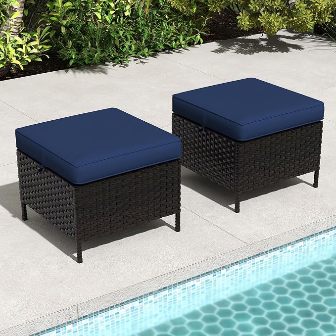 2 Pieces Patio All-Weather Wicker Ottomans with Cushions, PE Rattan Outdoor Conversation Furniture Set for Backyard, Deck, Lawn (Navy Blue)