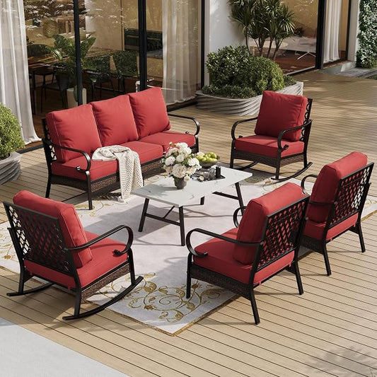 SUNSHINE VALLEY 6 Piece Metal Outdoor Patio Furniture Set, Patio Conversation Set with Rocking Chair and 5.75" Thick Cushion & Coffee Tabl, Outdoor Seating Black Frame Backyard Furniture, Rust Red