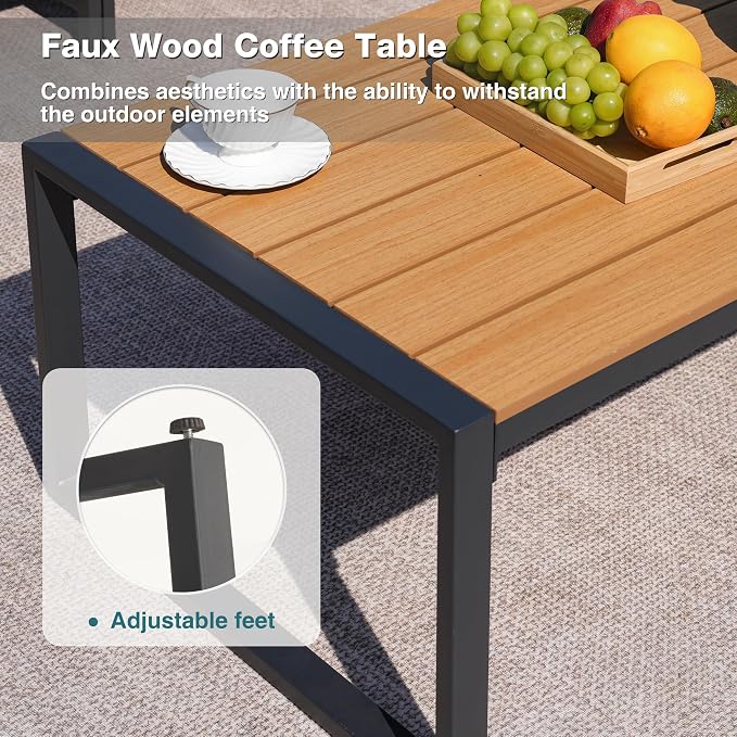 Patio Furniture Set, 4 Pieces Outdoor Furniture Patio Conversation Set with High Back, Faux-Wood Armrest and Tabletop, Outdoor Couch Patio Sofa Set for Balcony, Porch, Backyard, Beige