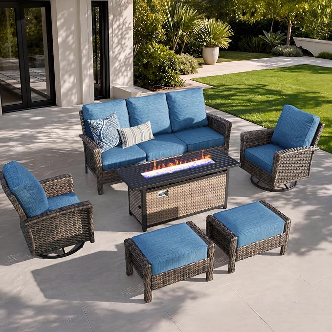 HERA'S HOUSE Wicker Patio Furniture Set, High Back Swivel Chairs with 5.5" Thick Cushions, 6-Piece Outdoor Seating Conversation Sets with Fire Pit Table & Ottomans for Deck Yard Garden, Blue