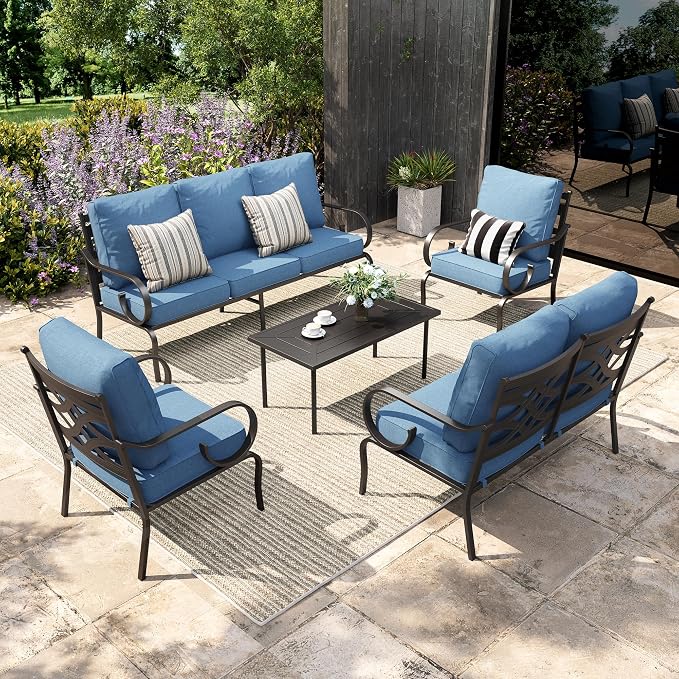 Sophia & William Patio Conversation Set for 7, 1 Loveseat, 3-Seater Sofa, 2 Fixed Chairs and 1 Coffee Table, Metal Outdoor Furniture with 5.75" Extra Thick Cushions, Navy