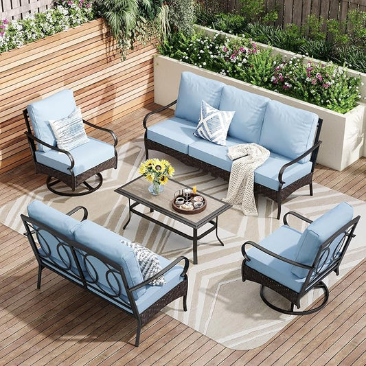 PHI VILLA Outdoor Modern Patio Furniture Set, Upgraded Wicker & Metal Patio Conversation Set with Waterproof Thick Cushions for Porch, Poolside, Yard (5 Pieces,Blue)