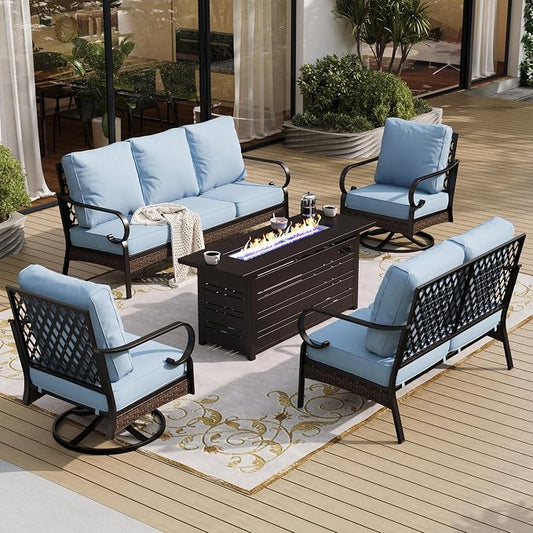 SUNSHINE VALLEY 5 Piece Metal Outdoor Patio Furniture Sets with Firepit Table, Patio Conversation Sets 1 3-Seater Sofa, 1 2-Seater Loveseat, 2 Swivel Sofa with 5.75" Cushion for Backyard Deck, Blue