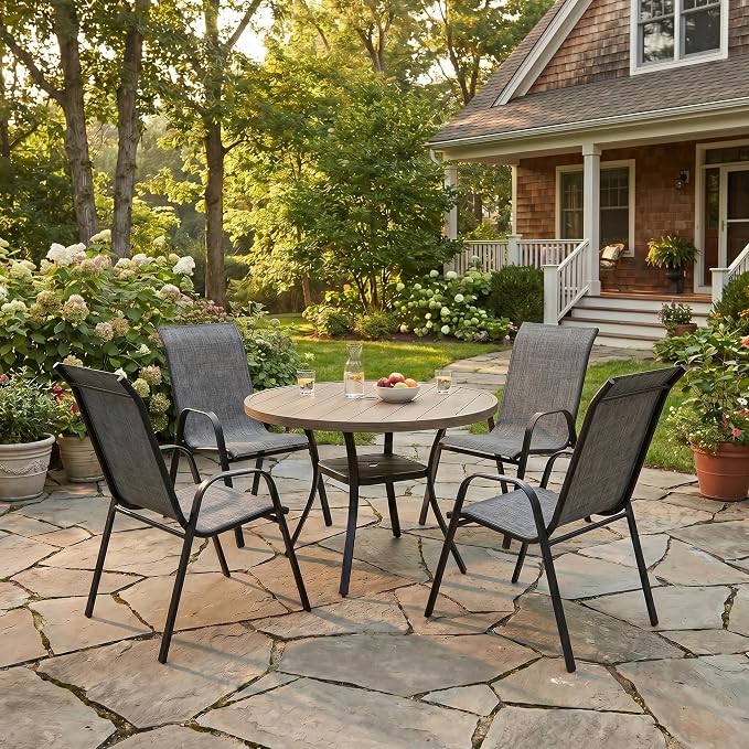 VICLLAX Patio Dining Set for 4, All Weather Metal 5 Pieces Patio Set-40.6" Round Outdoor Table and Stackable Chairs for Lawn Garden and Backyard, Grey Wood Grain Tabletop
