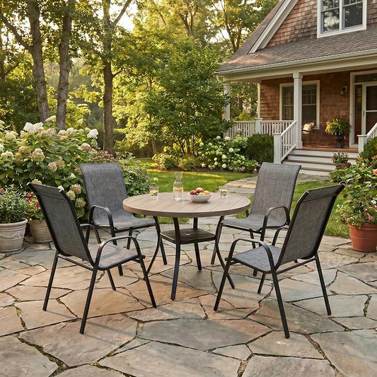 VICLLAX Patio Dining Set for 4, All Weather Metal 5 Pieces Patio Set-40.6" Round Outdoor Table and Stackable Chairs for Lawn Garden and Backyard, Grey Wood Grain Tabletop