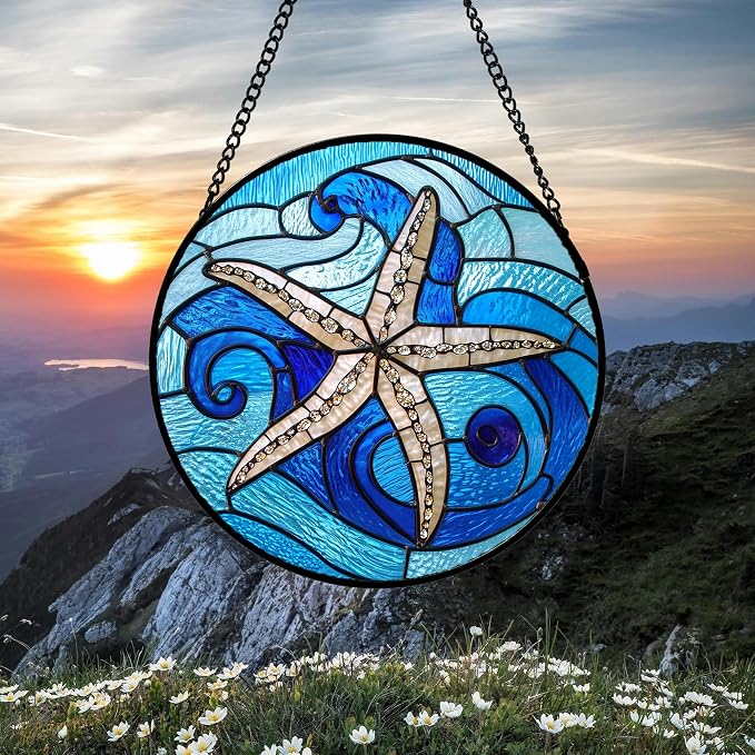 DASTOLL Stained Glass Window Hanging 4 Pcs Set Blue Ocean Waves 9.8" - Starfish Crab Seal Suncatcher Door Garden Sun Catcher Decor Birthday for Mom Woman Nana Men Friend