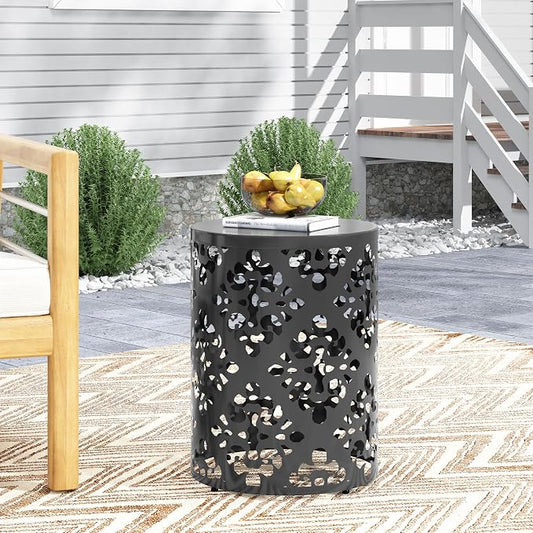 14" Cylindrical Side Table with Floral Iron Cut, Stylish End Table with Powder-Coated Iron, Practical Accent Table with No Assembly for Outdoor Patio Garden, Black