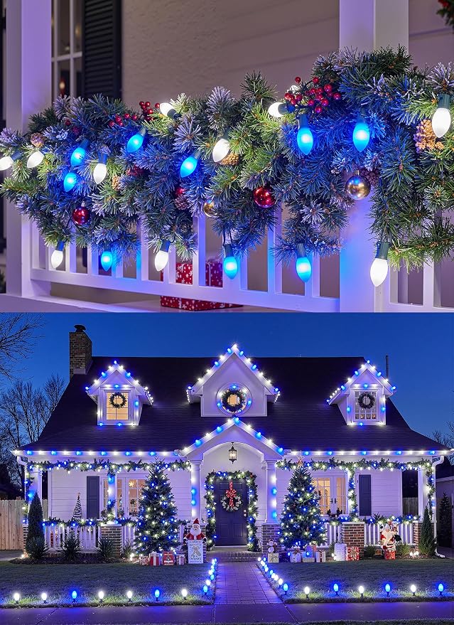 C9 Christmas Lights Outdoor, 100Ft 50 LED Blue & Pure White String Lights | Waterproof Shatterproof Connectable Christmas Tree Lights for House Outside Roofline Patio Yard Home Xmas Decorations