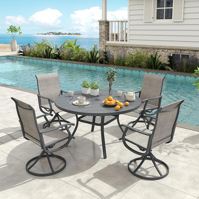 VICLLAX Patio 5 Pieces Outdoor Dining Set, 40.6" Round Metal Table with Umbrella Hole and 4 Swivel Textilene Chairs for Lawn, Garden, Porch, Grey