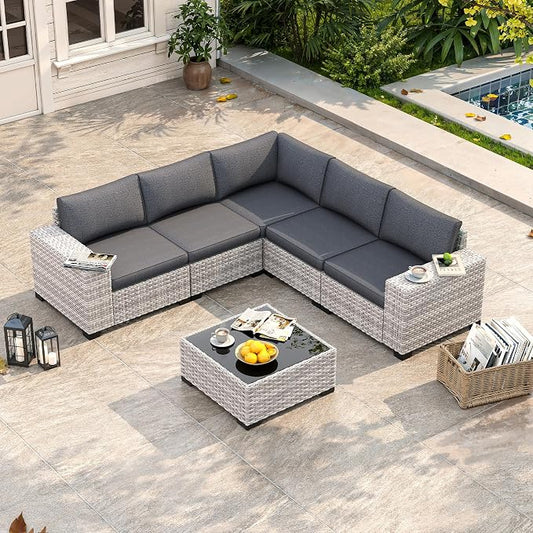 6 Piece Outdoor Sectional Sofas, 5-Seats Wicker Patio Furniture Set with 4" Thickened Cushions & Coffee Table, All-Weather PE Rattan for Garden, Backyard, Patio, Charcoal Gray