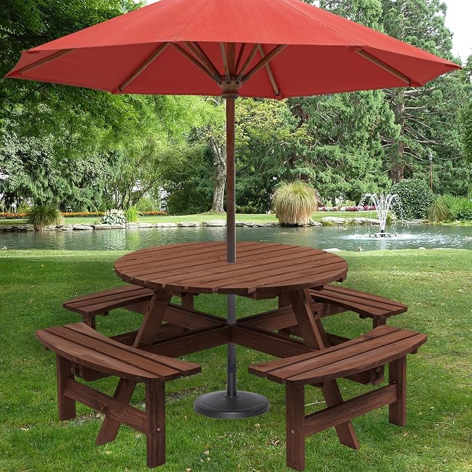 SSLine 8-Person Solid Wood Picnic Table Outdoor Round Picnic Table and Bench Set with Umbrella Hole Outside Wooden Table and Chairs Set for Patio Backyard Garden Lawn (Dark Brown)