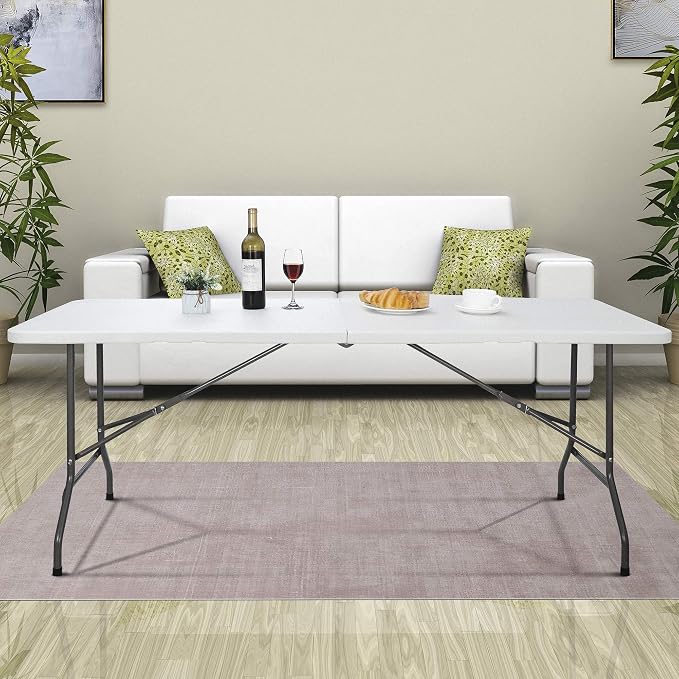 ZenStyle 6 ft Indoor Outdoor Heavy Duty Plastic Folding Table Portable Picnic Table Fold-in-Half Utility Table w/Handle and Steel Legs for Camping, Dining, Party, 71 x 27 Inch, White