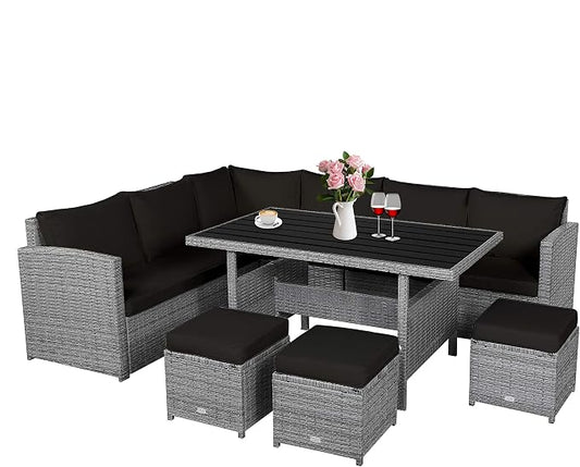 RELAX4LIFE 7 PCS Wicker Patio Furniture Set, Outdoor Rattan Sofa Set with Dining Table & Ottomans Soft Cushions for Backyard Garden Poolside Balcony, Sectional Conversation Couch Set (Black)