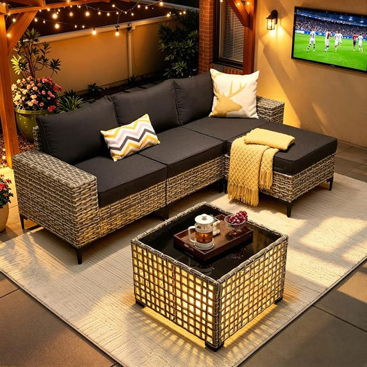 5-Piece Wicker Outdoor Sectional Furniture, Wide Armrest L-Shaped Patio Couch Set with Ottoman Thick Cushion, Modular Conversation Sets with Solar Table for Backyard Porch Balcony, Black