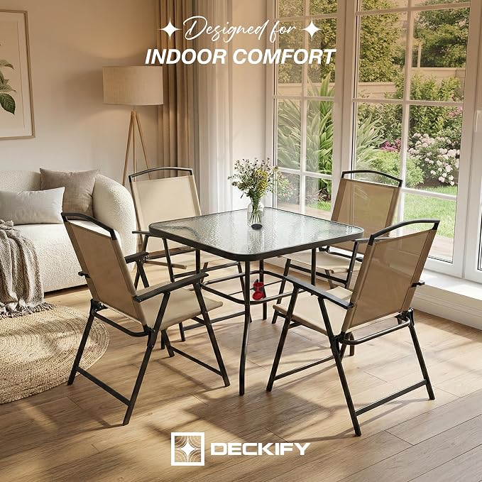 6-Piece Outdoor Patio Furniture Set for 4, Patio Table and Chairs Set with Umbrella, All-Weather Steel Frame & Glass Top Dining Table Set for Backyard, Lawn - Tan