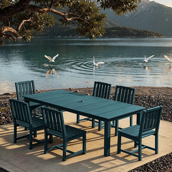 AreShark 7-Piece Outdoor Dining Set,HDPE Patio Table with 6 Armless Chairs,All-Weather Patio Furniture Set with Umbrella Hole,Low Maintenance Wood Grain Dining Set for Backyard,Garden,Poolside,Black