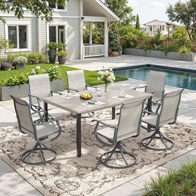 DIFY Outdoor Dining Set for 6, 7 Piece Patio Table and Chairs Set, Grey Textilene Swivel Patio Chairs & 63" Grey Wood-Like Rectangle Metal Dining Table with Umbrella Hole, for Garden Backyard Deck