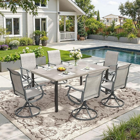 DIFY Outdoor Dining Set for 6, 7 Piece Patio Table and Chairs Set, Grey Textilene Swivel Patio Chairs & 63" Grey Wood-Like Rectangle Metal Dining Table with Umbrella Hole, for Garden Backyard Deck