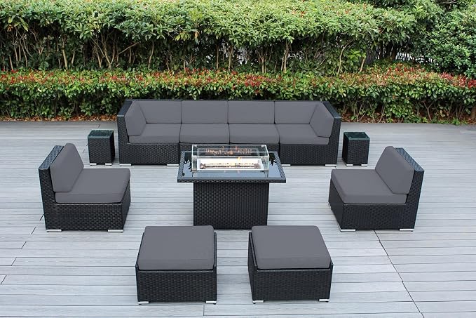 Fully Assembled 11 Piece Ohana Outdoor Patio Furniture Black Wicker Gray Cover Conversation Set with and 42-inch Propane Gas Fire Table