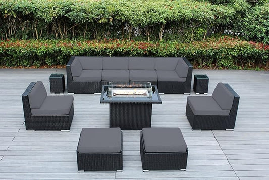 Fully Assembled 11 Piece Ohana Outdoor Patio Furniture Black Wicker Gray Cover Conversation Set with and 42-inch Propane Gas Fire Table