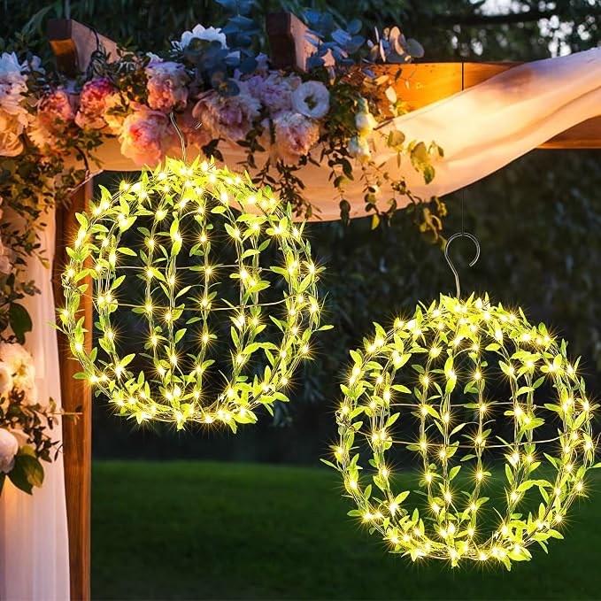 Joomer Solar Ball Lights Outdoor, 2Pack 13 & 11in Total 264 LED, Warm White | Solar Powered Hanging Globe Metal Sphere Lights, 8 Modes Waterproof with Hooks for Patio Garden Gazebo Decorative Tree Decor