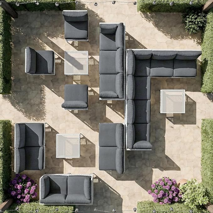 Vikiullf Patio Conversation Set, 7 Piece Outdoor Sectional Sofa Set with Coffee Table, White Wicker with Grey Cushions (White and Grey, 7 piece)