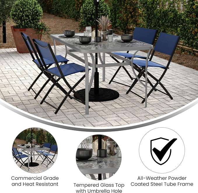 Flash Furniture Tory Rectangle Patio Table with Umbrella Hole, Commercial All-Weather Table with Heat Resistant Tempered Glass, Steel Tube Frame, 35x 59, Silver
