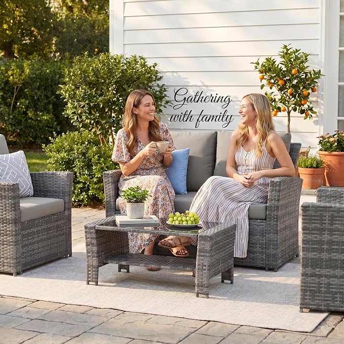 UDPATIO Patio Furniture Set, Outdoor Furniture Sets with Loveseats Sofa, Wicker Rattan Outdoor Conversation Set with Storage CoffeeTable for Backyard, Deck, Porch, Grey/Grey